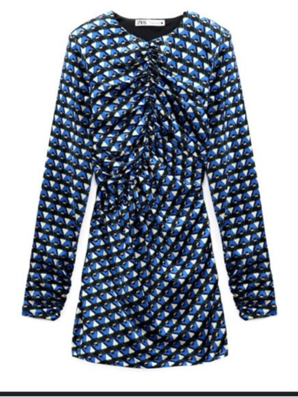 NWT Zara Printed Blue Asymmetrical Geometric Ruched Satin-Effect Dress